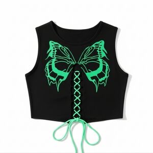 Y2K Rave Green Lace Up Butterfly Graphic Black Cropped Tank Top Large